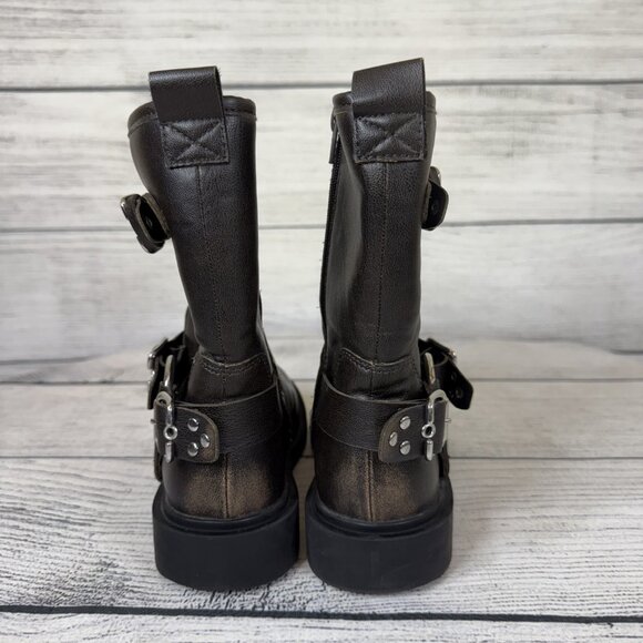 Zara Girl's Distressed Motto Biker Boots Size 32 - Picture 4 of 10